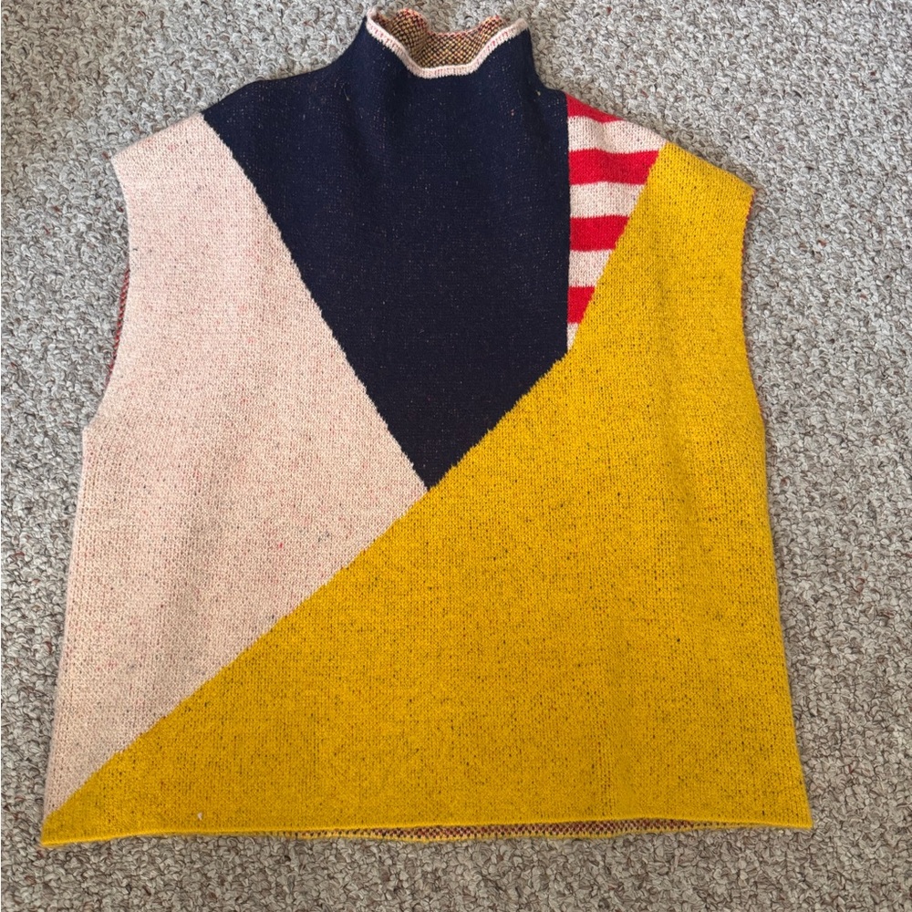 THML Colorblock Cowl Neck Sweater Vest in Navy, Mustard, Blush & Red Stripe